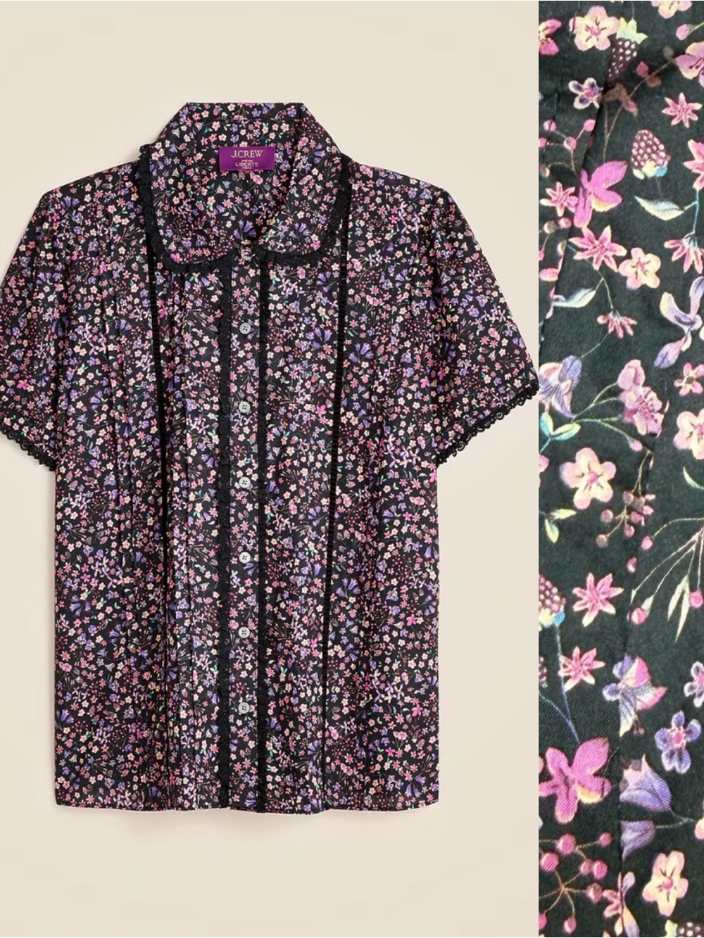 J. Crew X Liberty Lace-Trim Button-Up Shirt Liberty Fabric Strawberry Floral Top